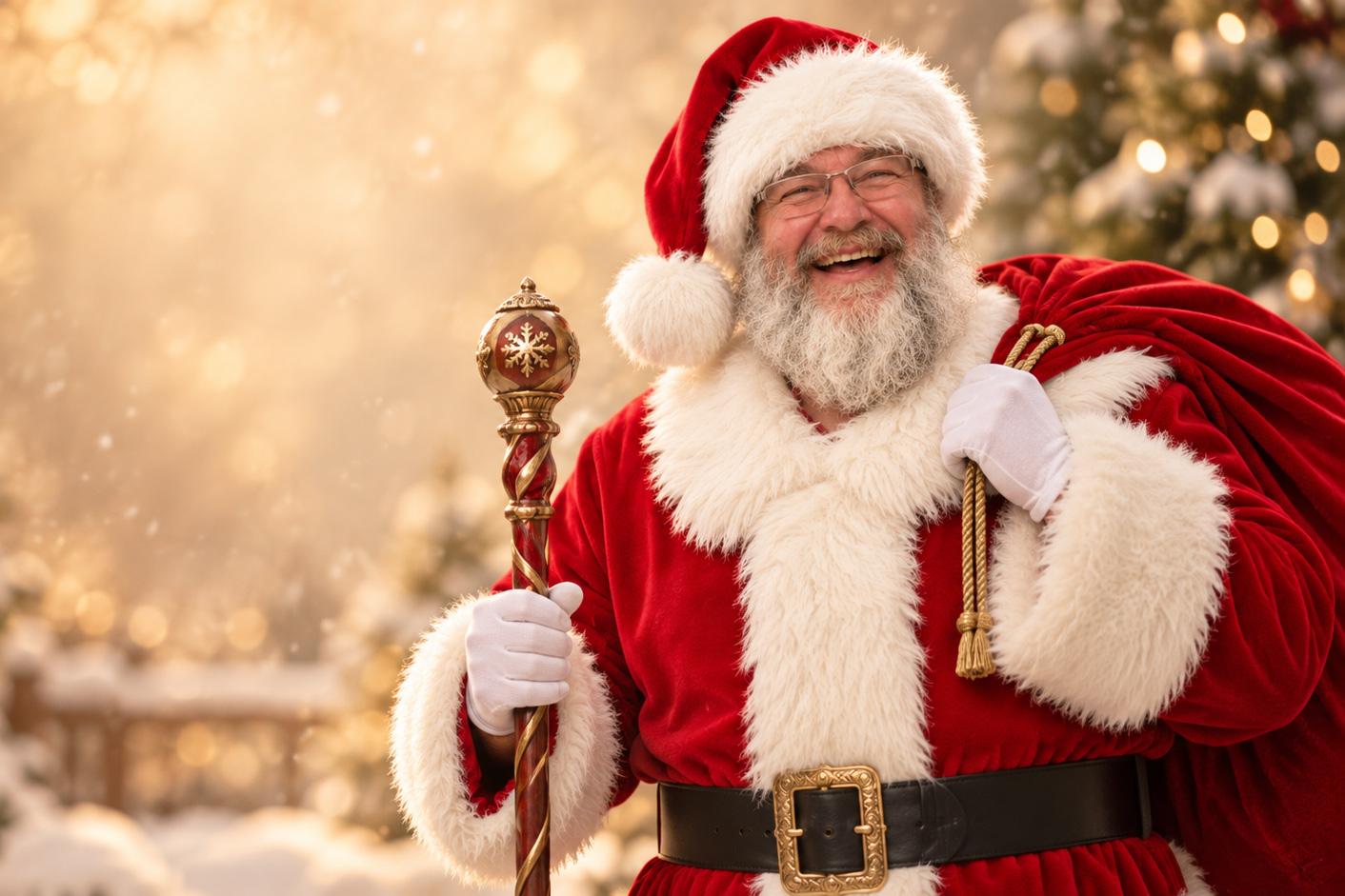 A smiling white-bearded Santa holding his staff and gift sack in a snowy Christmas setting